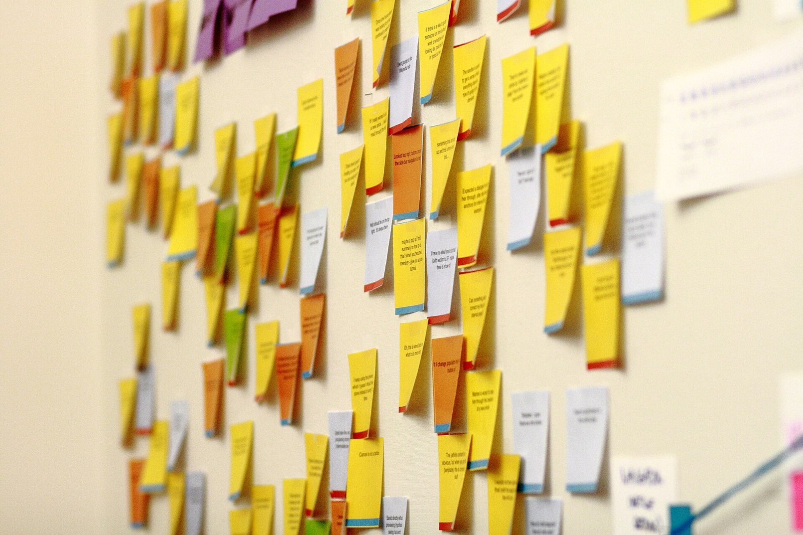 Sticky notes on an office wall representing an organised workflow